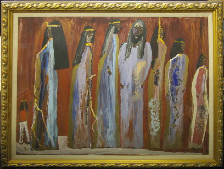 Appraisal: American School th Century Eight African Figures oil on glass