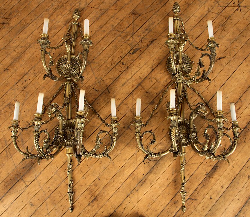 Appraisal: PAIR MONUMENTAL BRONZE BAROQUE STYLE WALL SCONCES A pair of