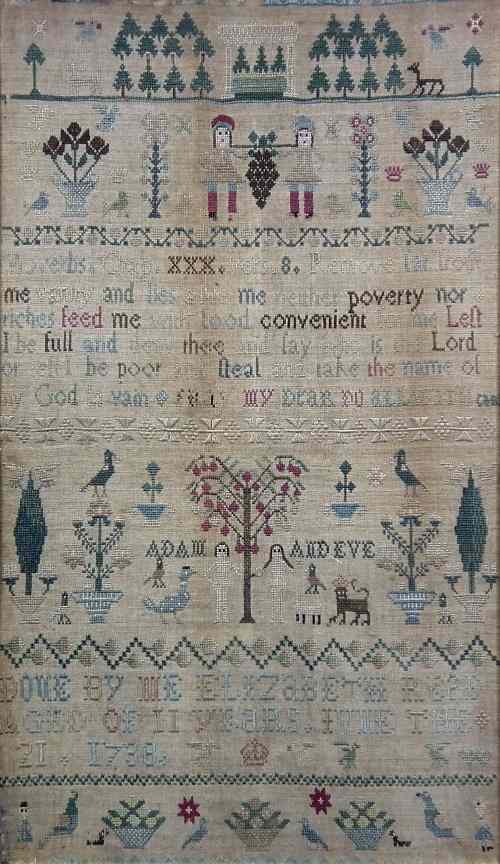 Appraisal: A good George II ''Adam Eve'' needlework sampler - ''Done