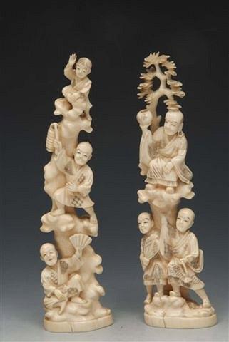 Appraisal: A PAIR OF JAPANESE IVORY CARVED TUSKS each depicting Japanese