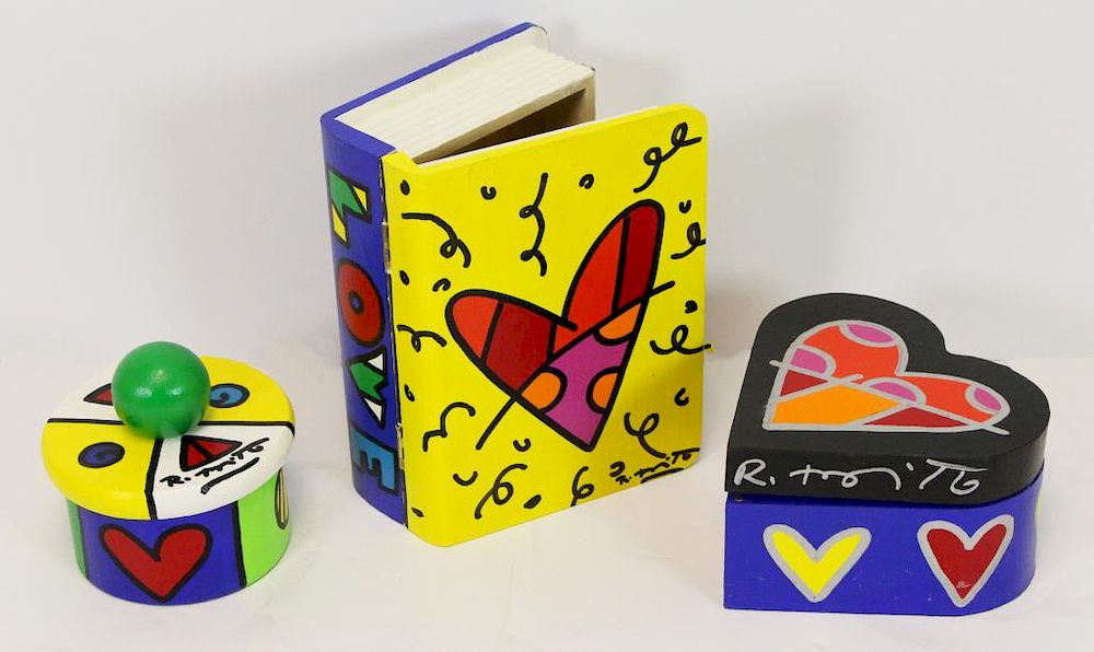 Appraisal: BRITTO Romero Three Hand Painted Wood Boxes Book Shaped Box