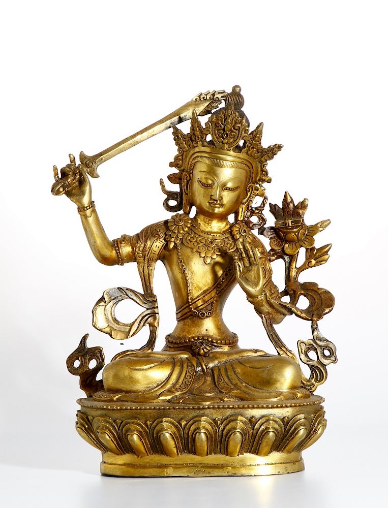 Appraisal: Chinese Gilt Bronze Figure of Manjushri Cast seated in vajraparyanakasana