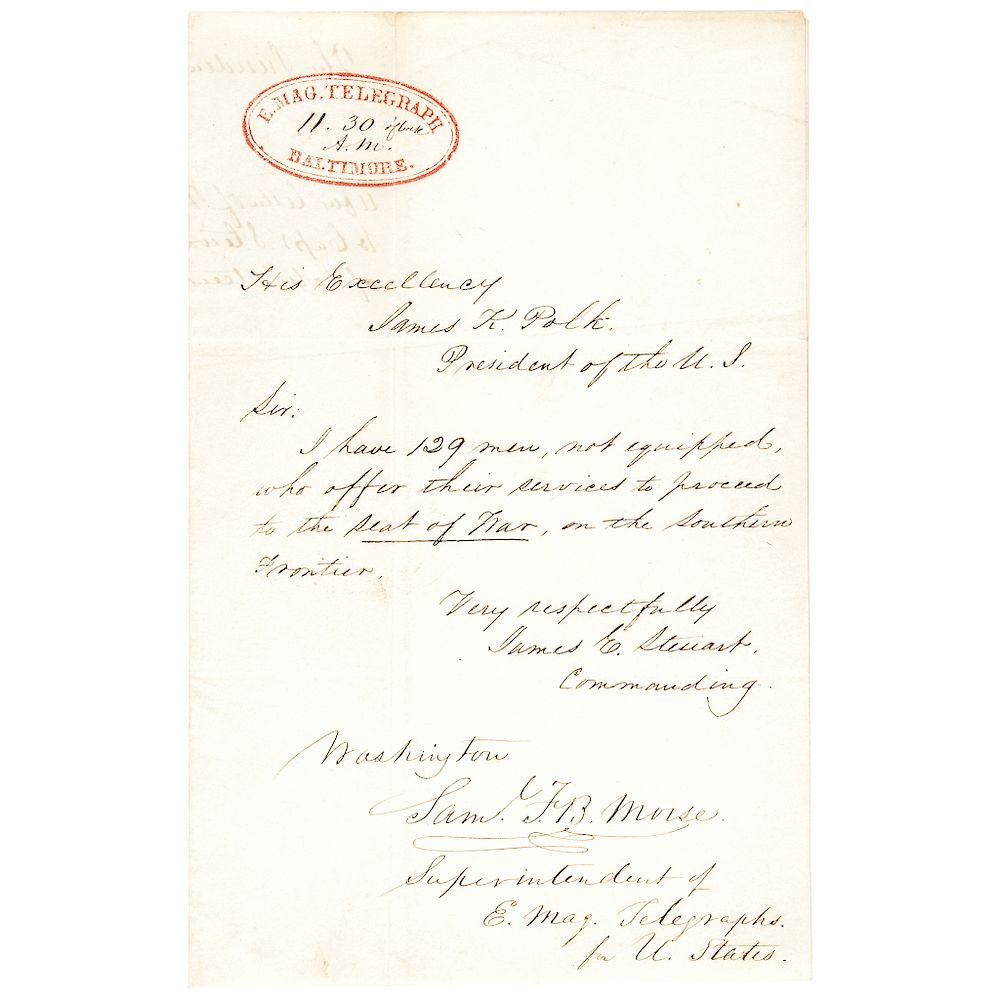 Appraisal: Samuel F B Morse Signed Document for US Electro-Magnetic Telegraphs