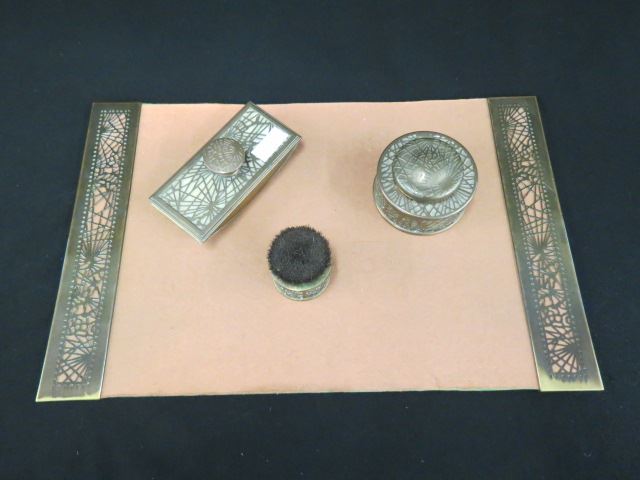 Appraisal: pc Tiffany Bronze Pine Needle Desk Set includes inkwell pen