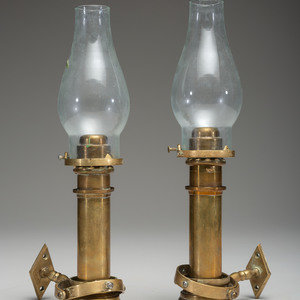 Appraisal: A Pair of Brass Gimballed Ship's Wall Oil Lamps with