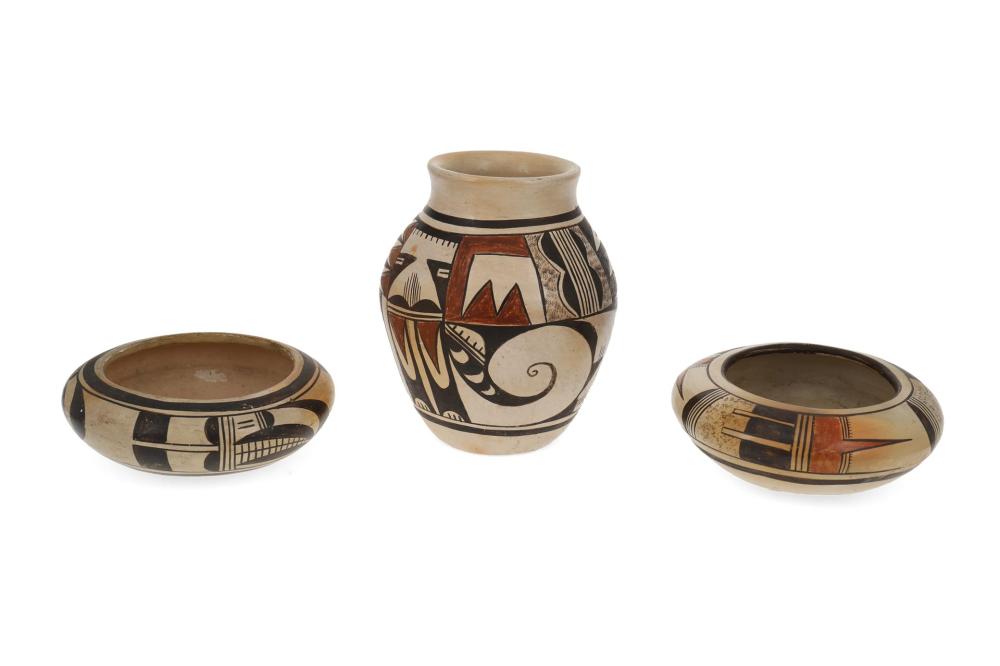 Appraisal: Three Hopi pottery jars Three works A Nettie Ami Hopi