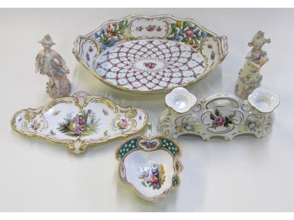 Appraisal: Meissen pickle dish Dresden porcelain floral decorated bowl continental candleholder