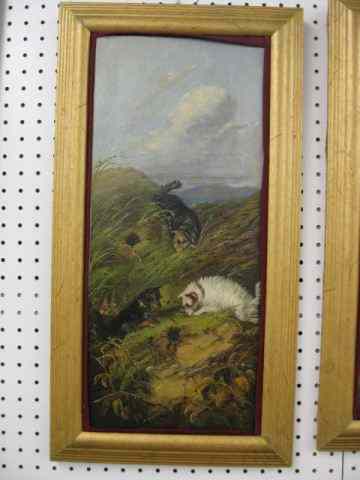 Appraisal: J Langlois Oil on Board Terriers going to ground at