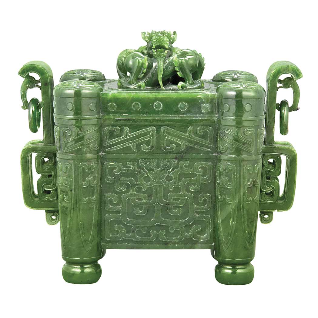 Appraisal: Chinese Spinach Jade Covered Vase Qing dynasty Of rectangular form