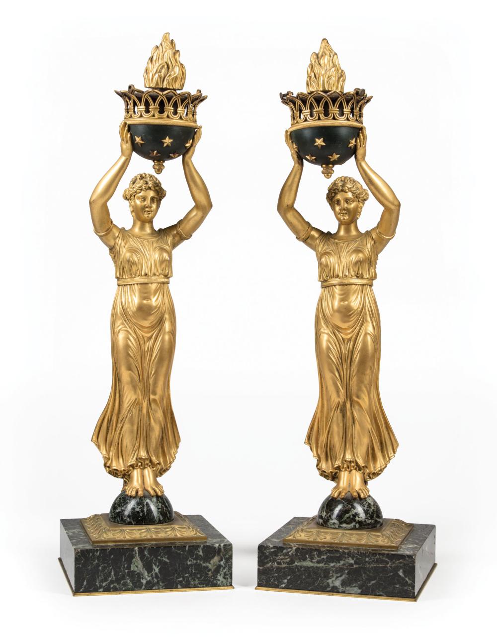 Appraisal: Pair of Neoclassical-Style Gilt Bronze and Marble Torcheres c base