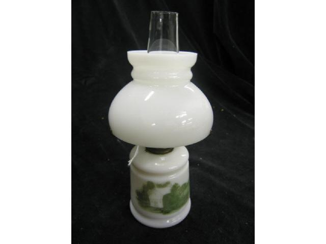 Appraisal: Victorian Miniature Oil Lamp handpainted milk glass page figure Miniature