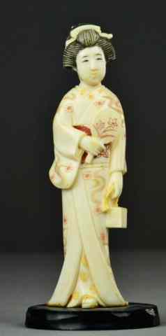 Appraisal: Japanese Ivory Carving of Geisha with FanFinely carved polychromed ivory