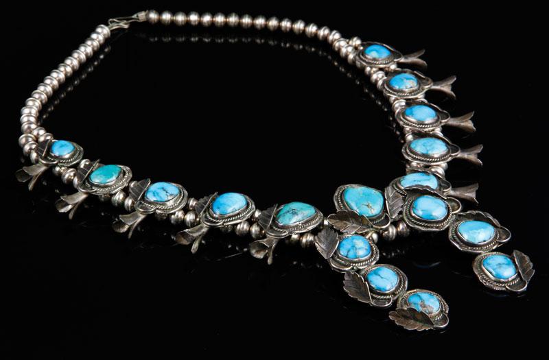 Appraisal: - Navajo Silver and Turquoise Necklace Navajo squash blossom necklace