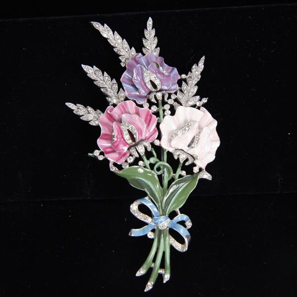 Appraisal: Trifari Enamel Rhinestones Flower Bouquet Spray Brooch Pin Some enamel