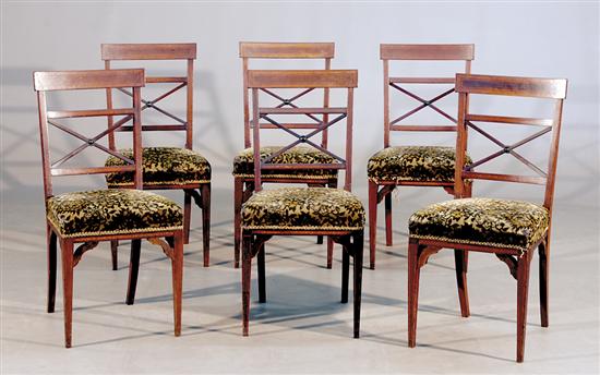 Appraisal: Regency style inlaid mahogany side chairs set of six late