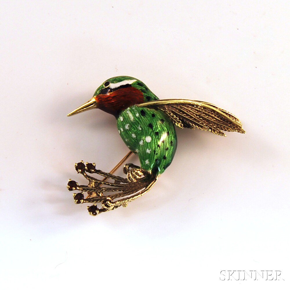 Appraisal: kt Gold Enamel and Gemstone Hummingbird Brooch the ruby-throated hummingbird