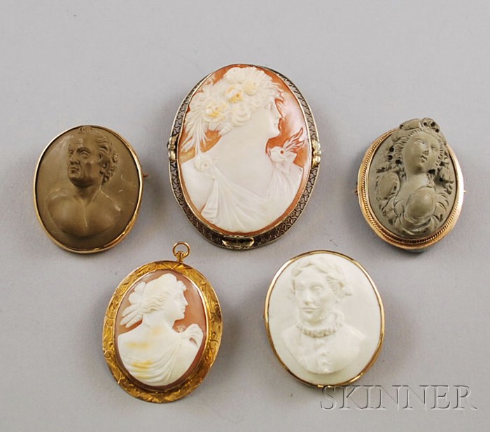 Appraisal: Five Gold-framed Cameo Brooches three kt gold-framed lava cameos and