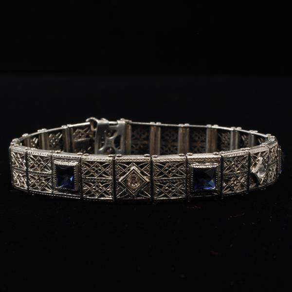 Appraisal: Edwardian Art Deco Sterling Filigree Bracelet with sapphire clear paste