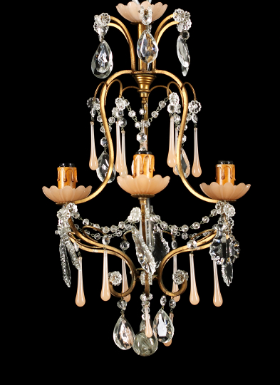 Appraisal: Diminutive French Gilded Wrought-Iron and Cut Glass Three-Light Chandelier of