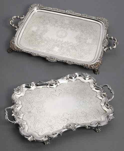 Appraisal: Old Sheffield plate rectangular trays each with scrolling repousse edges