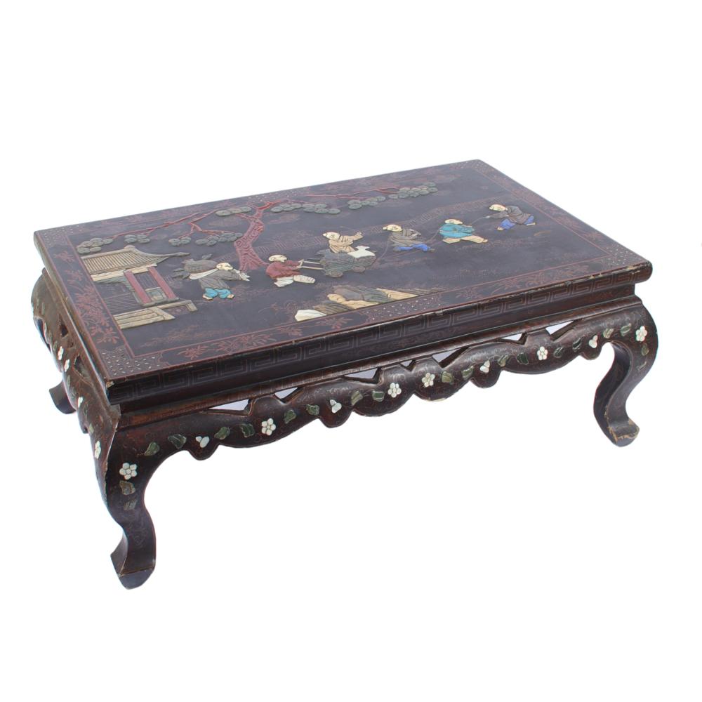 Appraisal: NICE ANTIQUE CHINESE BLACK LACQUER SCENIC LOW TABLE WITH MOTHER