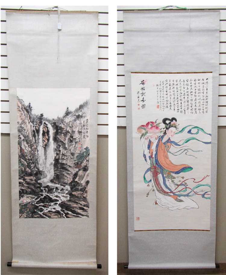 Appraisal: TWO CHINESE SCROLLS watercolor and ink on paper waterfall landscape