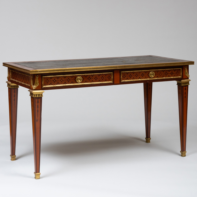 Appraisal: LOUIS XVI STYLE GILT-BRONZE-MOUNTED MAHOGANY AND FRUITWOOD PARQUETRY DOUBLE SIDED