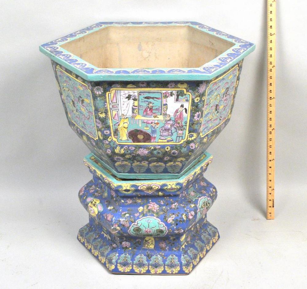 Appraisal: Chinese Porcelain Jardiniere On Matching Stand in two parts octagonal