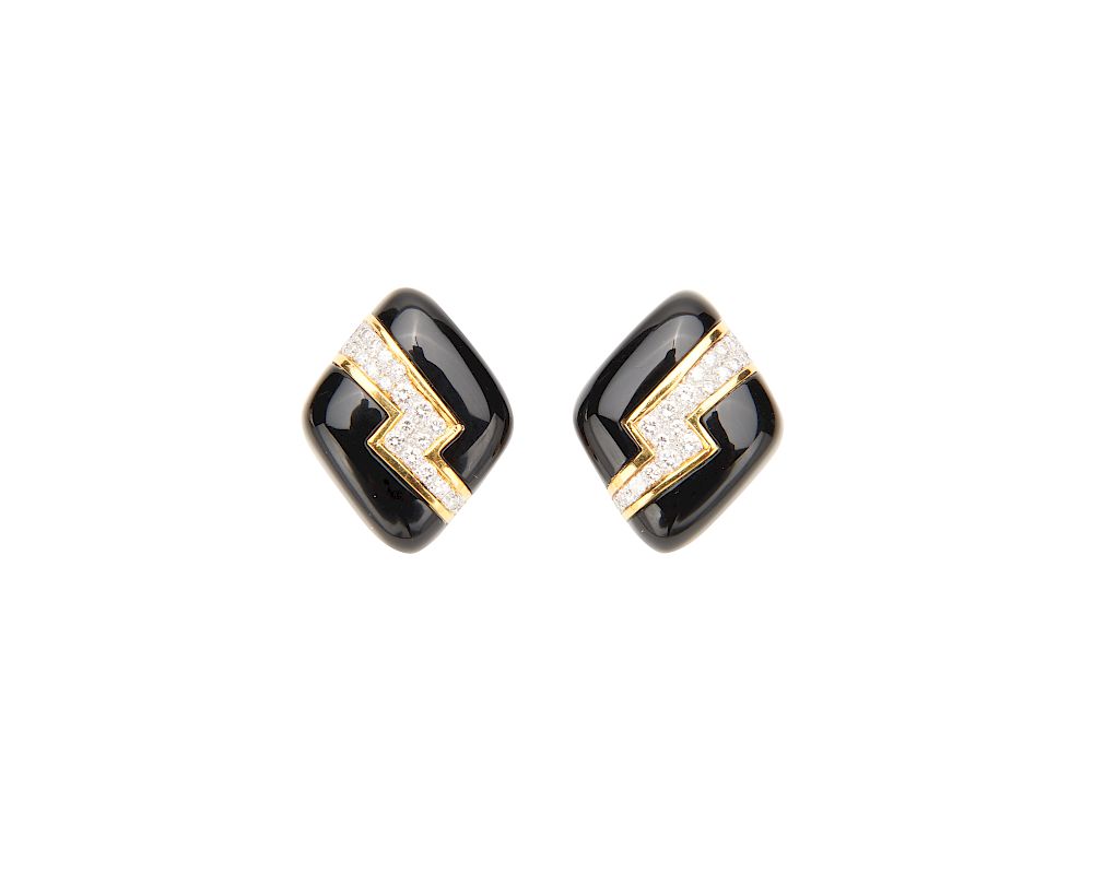 Appraisal: K Gold Onyx and Diamond Earrings K Gold Onyx and