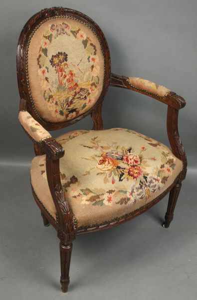 Appraisal: Louis XV-style carved armchair with needlepoint upholstery h x w