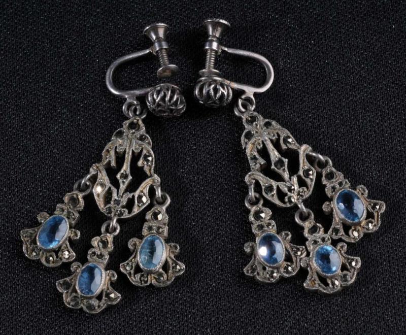 Appraisal: Sterling Clip-On Chandelier Earrings Description Marcasites and blue stones Condition