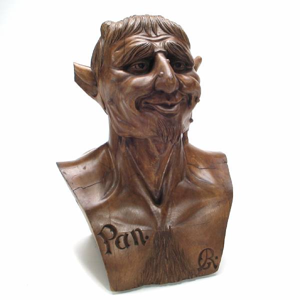 Appraisal: A Continental carved wood bust of Pan with carved monogram