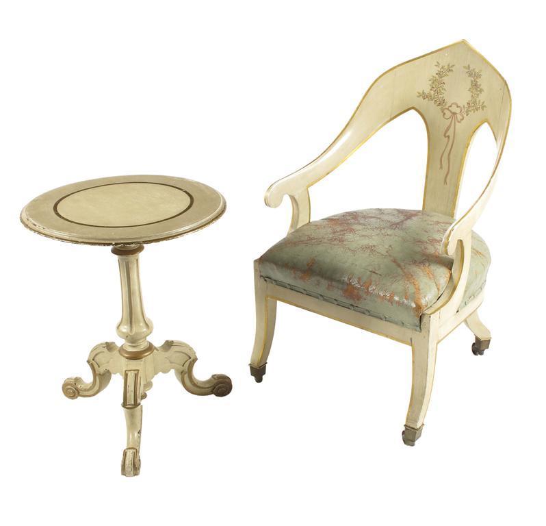 Appraisal: A cream and gilt line painted open armchair