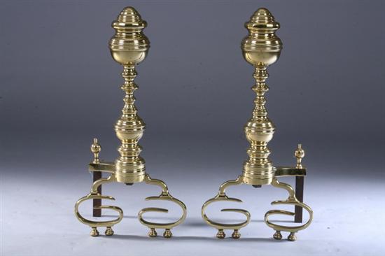 Appraisal: PAIR TURNED BRASS ANDIRONS late th century without log holders