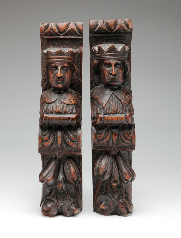 Appraisal: Possibly th century oak Architectural brackets of king and queen