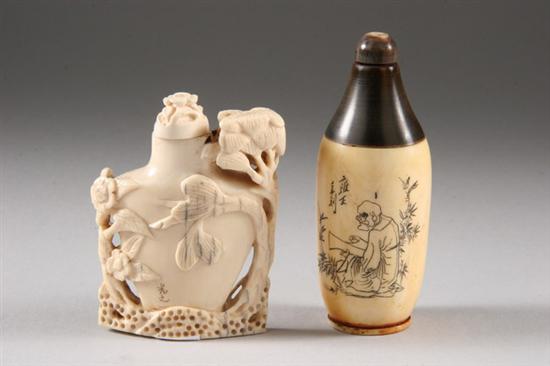 Appraisal: TWO SNUFF BOTTLES One Japanese ivory snuff bottle of flattened