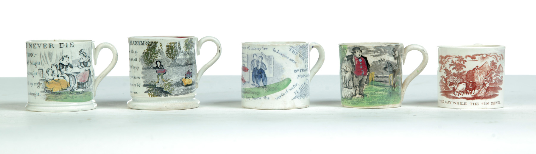 Appraisal: FIVE CHILDRENS' MAXIMS MUGS England nd half- th century Various