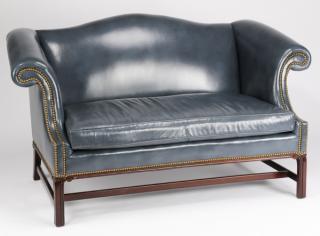 Appraisal: Federal style camel back settee in blue leather l Federal