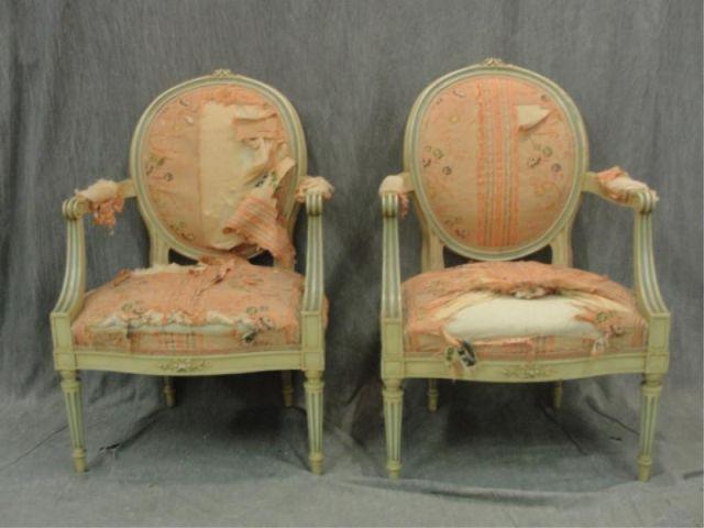 Appraisal: Pair of Louis XVI Upholstered Arm Chairs Upholstery as is