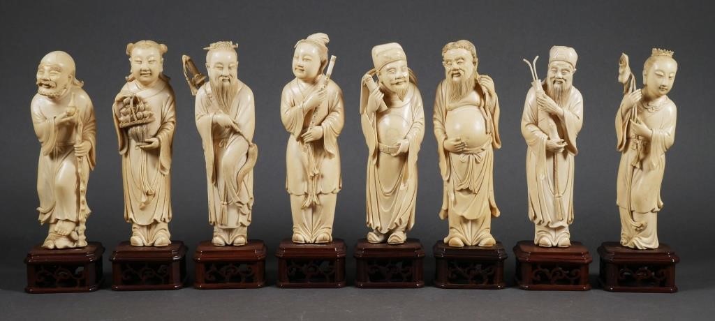 Appraisal: Eight Chinese figures carved out of ivory on small wooden