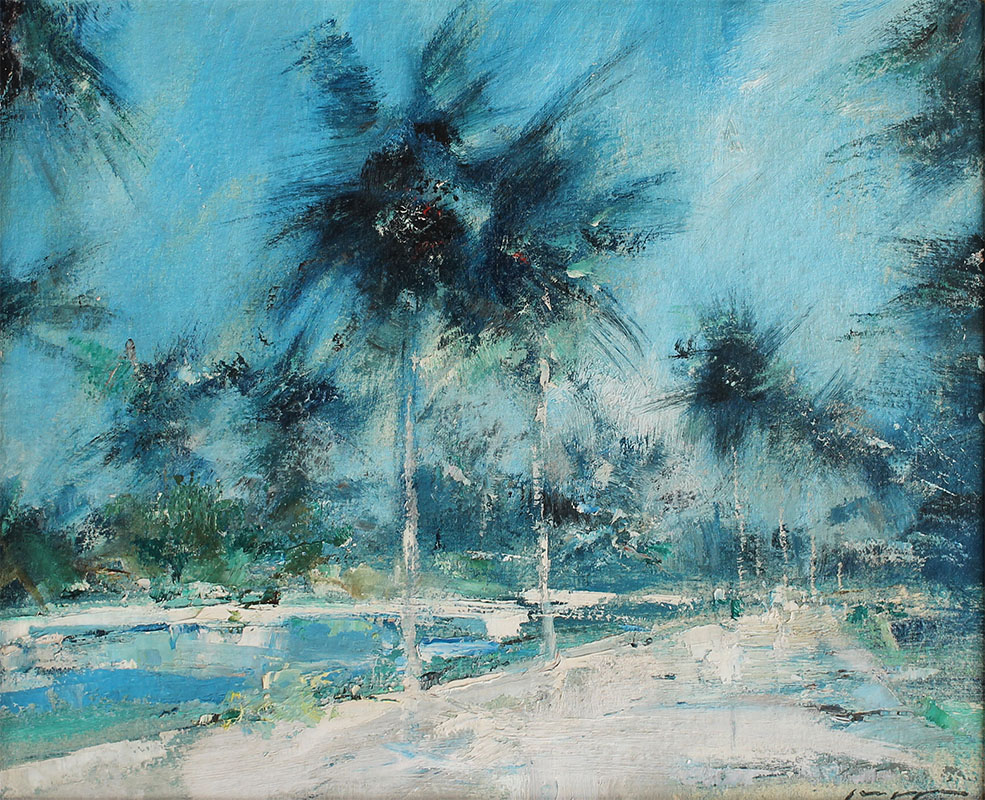 Appraisal: GRUPPE Charles American - Tropical Landscape with Palms Oil Canvasboard