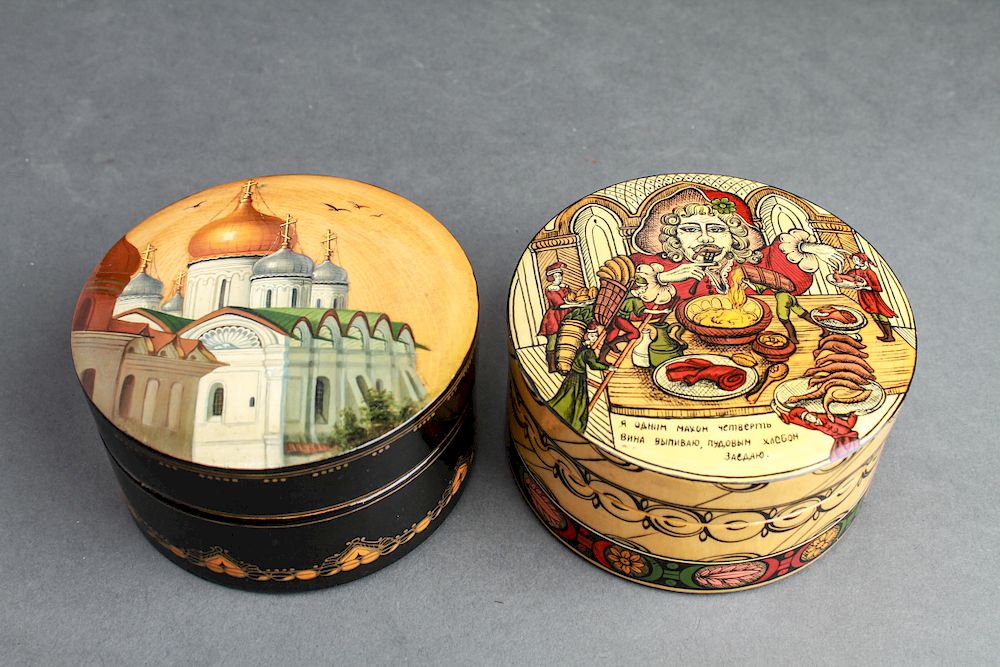 Appraisal: Russian Hand-Painted Lacquer Boxes Group of Group of two vintage