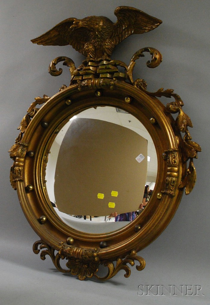 Appraisal: Federal-style Gilt-gesso and Wood Convex Girandole Mirror with Eagle Crest