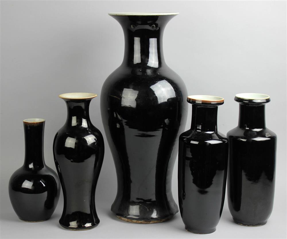 Appraisal: COLLECTION OF FIVE CHINESE BLACK-GLAZED VASES QING DYNASTY AND LATER