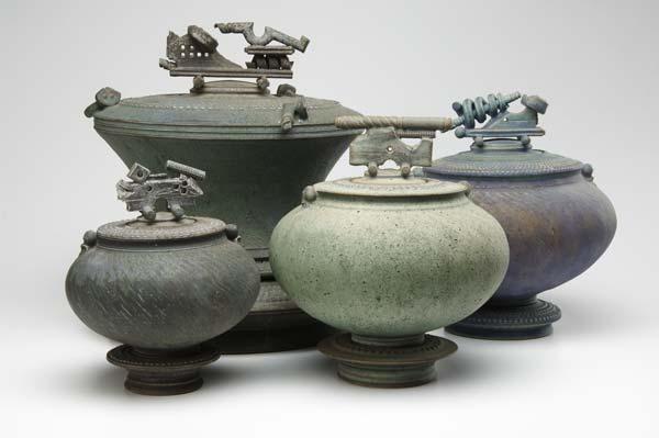 Appraisal: TIM MATHER Four glazed stoneware jars on stands All signed