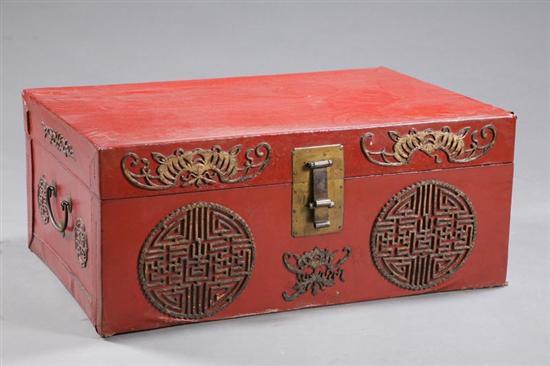 Appraisal: DECORATED TRUNK Red with gold painted decoration and brass hardware