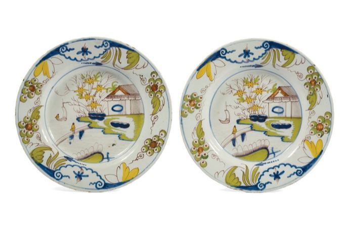 Appraisal: PAIR OF ENGLISH DELFT POLYCHROME PLATES POSSIBLY LIVERPOOL CIRCA -