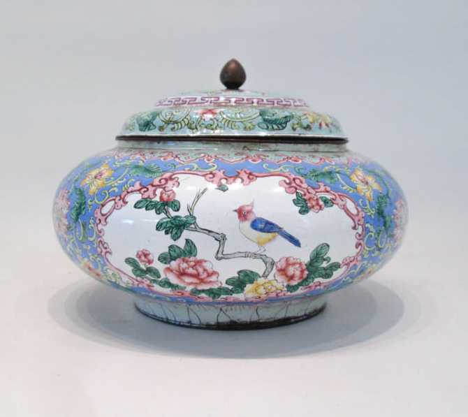 Appraisal: CHINESE ENAMELED METAL LIDDED JAR squat form with three cartouches