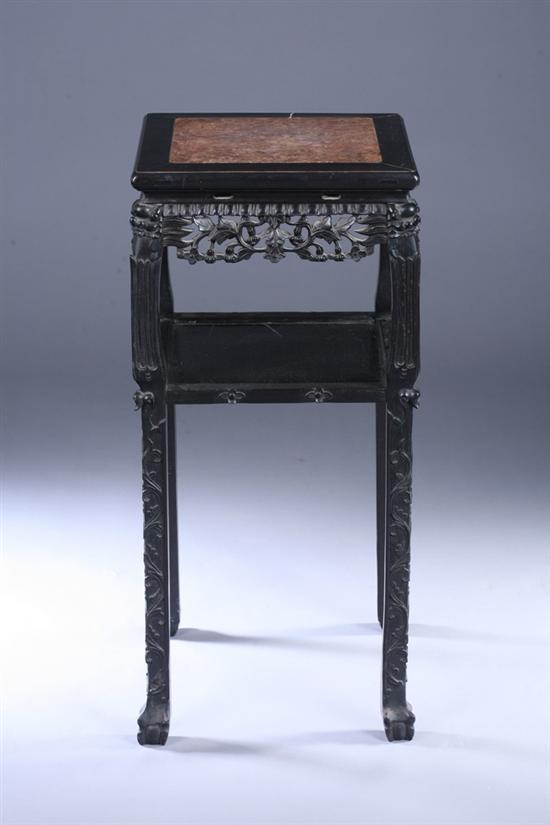 Appraisal: CHINESE BLACK LACQUERED WOOD MARBLE INSET TOP STAND Square top