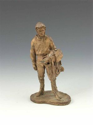 Appraisal: Ann Bushell modern A bronze figure of a jockey holding